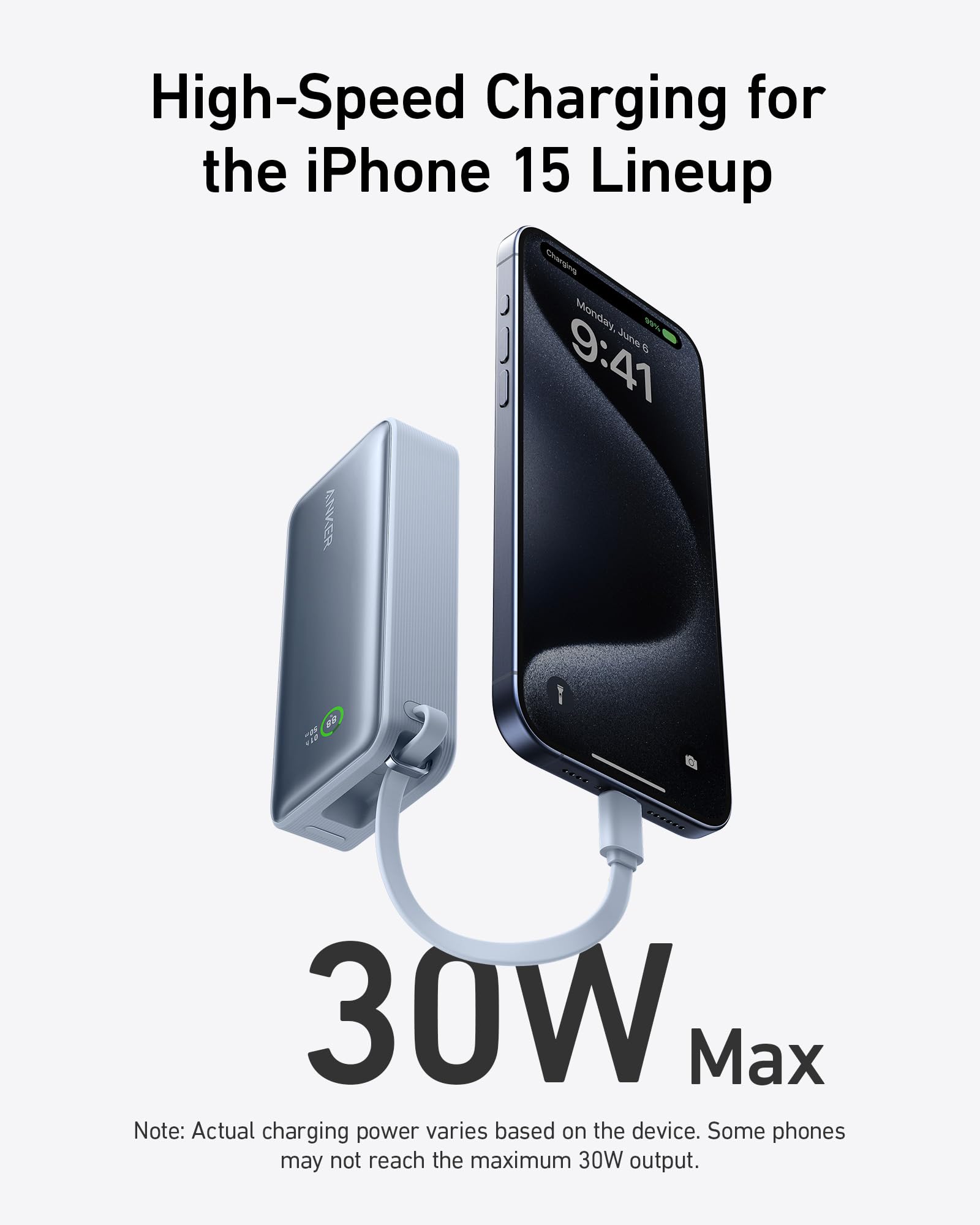 Anker Nano Power Bank in black with built-in USB-C cable, 30W portable charging device for smartphones and devices.