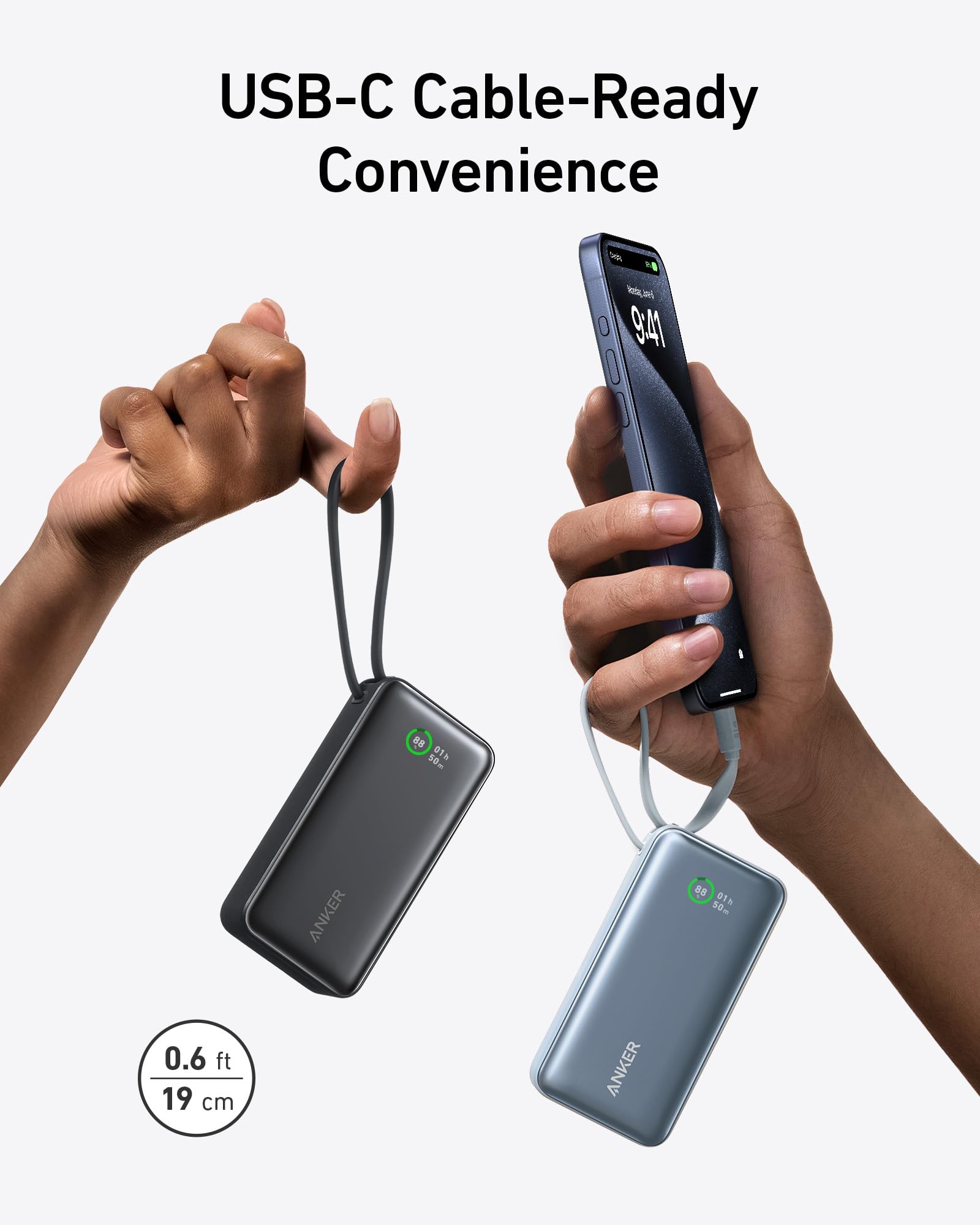 Anker Nano 30W power bank with built-in USB-C cable, compact black portable charger for charging devices on the go.