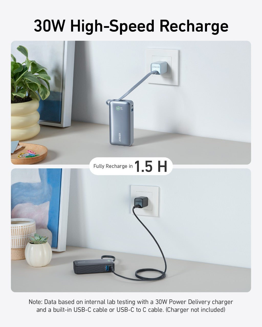 Anker Nano power bank in black with built-in USB-C cable, 30W fast charging portable power bank for devices