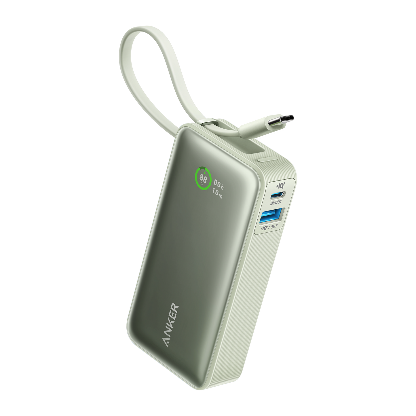 Anker Nano 30W power bank with built-in USB-C cable for portable charging, black compact design.
