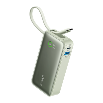 Anker Nano 30W power bank with built-in USB-C cable for portable charging, black compact design.