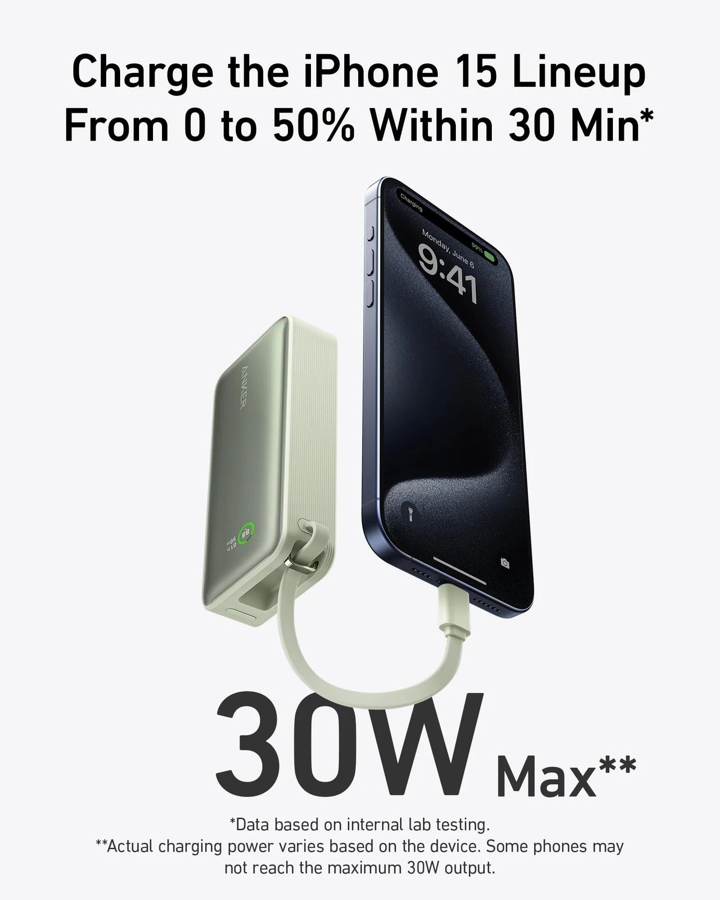 Anker Nano Power Bank in black with built-in USB-C cable, 30W charging portable power bank for mobile devices.