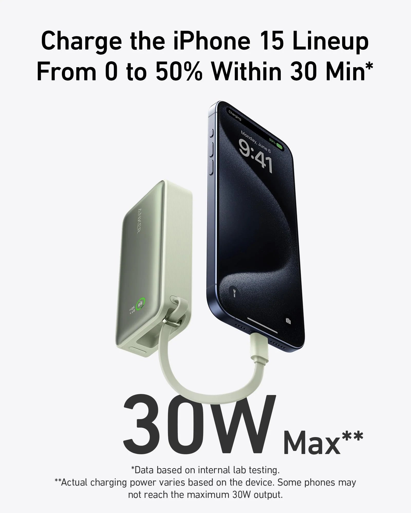 Anker Nano Power Bank in black with built-in USB-C cable, 30W charging portable power bank for mobile devices.