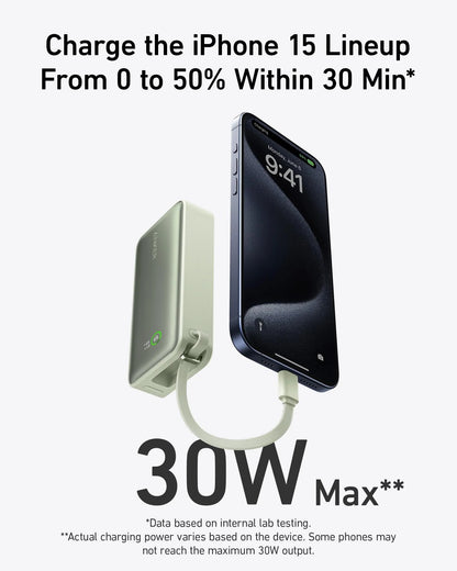 Anker Nano Power Bank in black with built-in USB-C cable, 30W charging portable power bank for mobile devices.