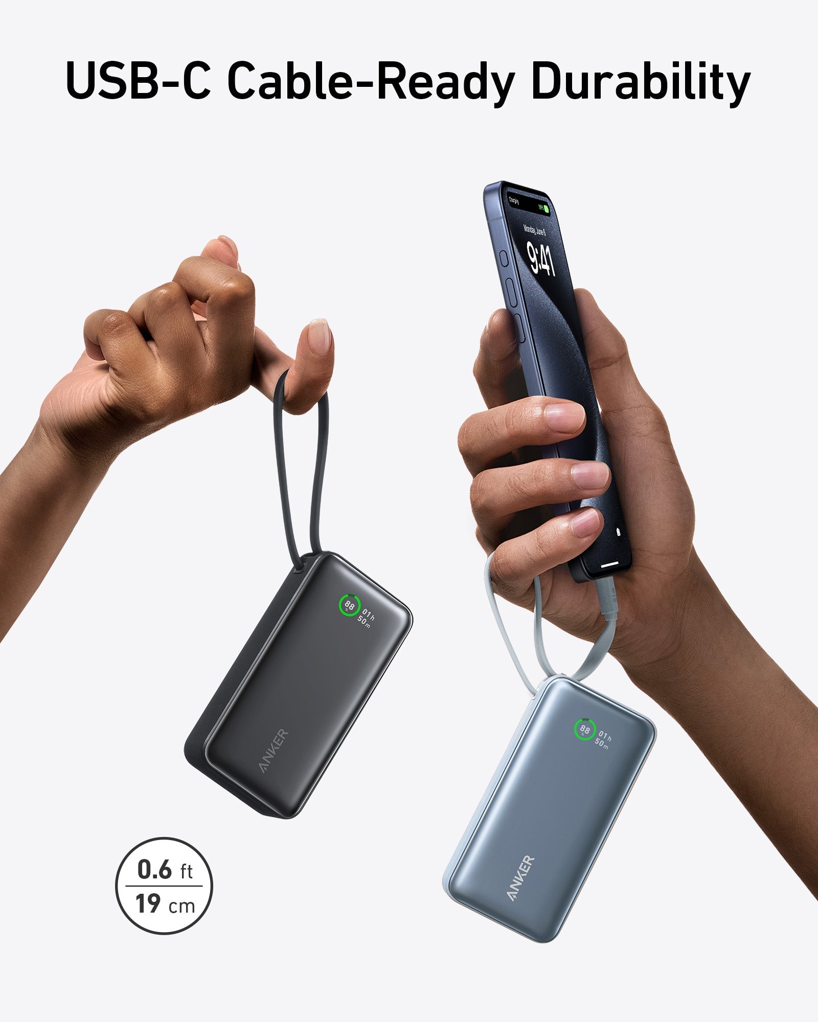 Black Anker Nano Power Bank with 30W charging capacity and built-in USB-C cable, compact portable charging device.
