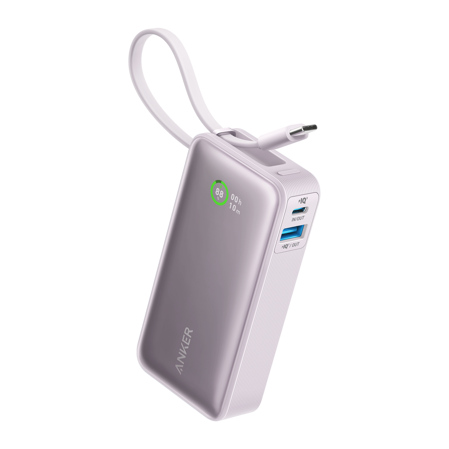 Anker Nano Power Bank in black with built-in USB-C cable, 30W portable charging device for smartphones and gadgets.