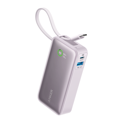 Anker Nano Power Bank in black with built-in USB-C cable, 30W portable charging device for smartphones and gadgets.