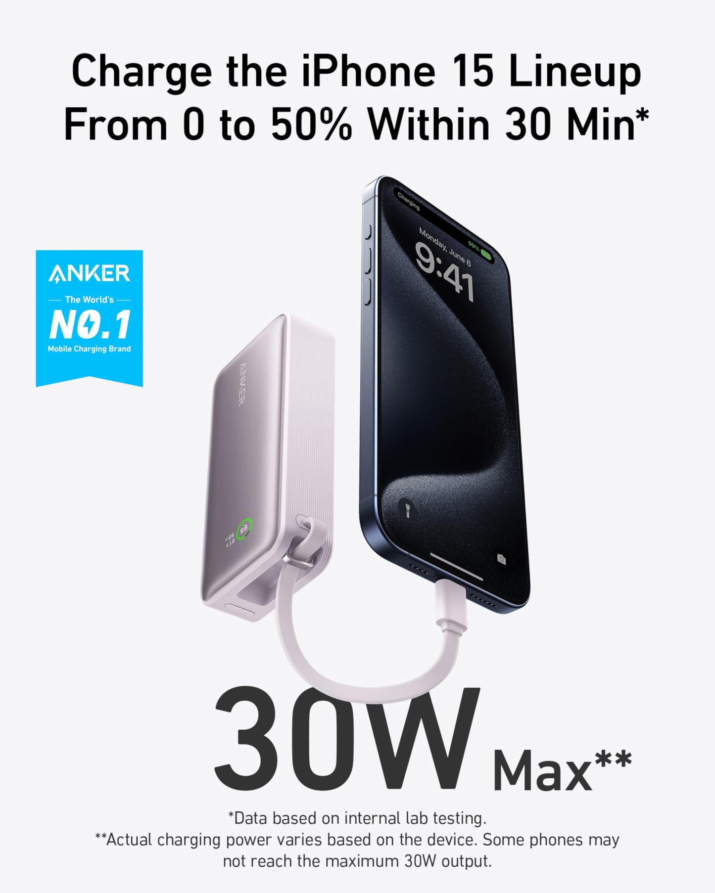 Anker Nano Power Bank in black with built-in USB-C cable, 30W portable charging device for smartphones and devices.
