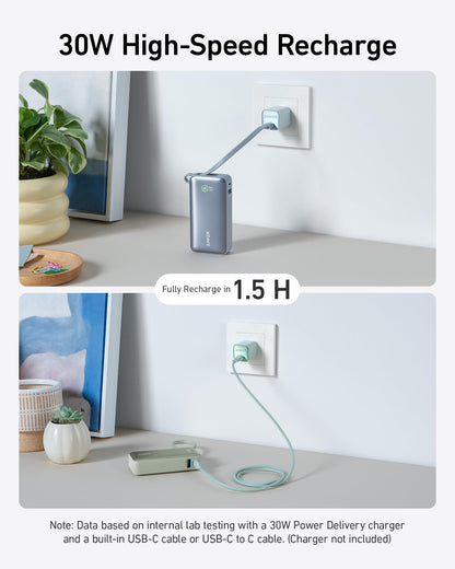 Anker Nano Power Bank in black with built-in USB-C cable, 30W charging portable power source for devices.