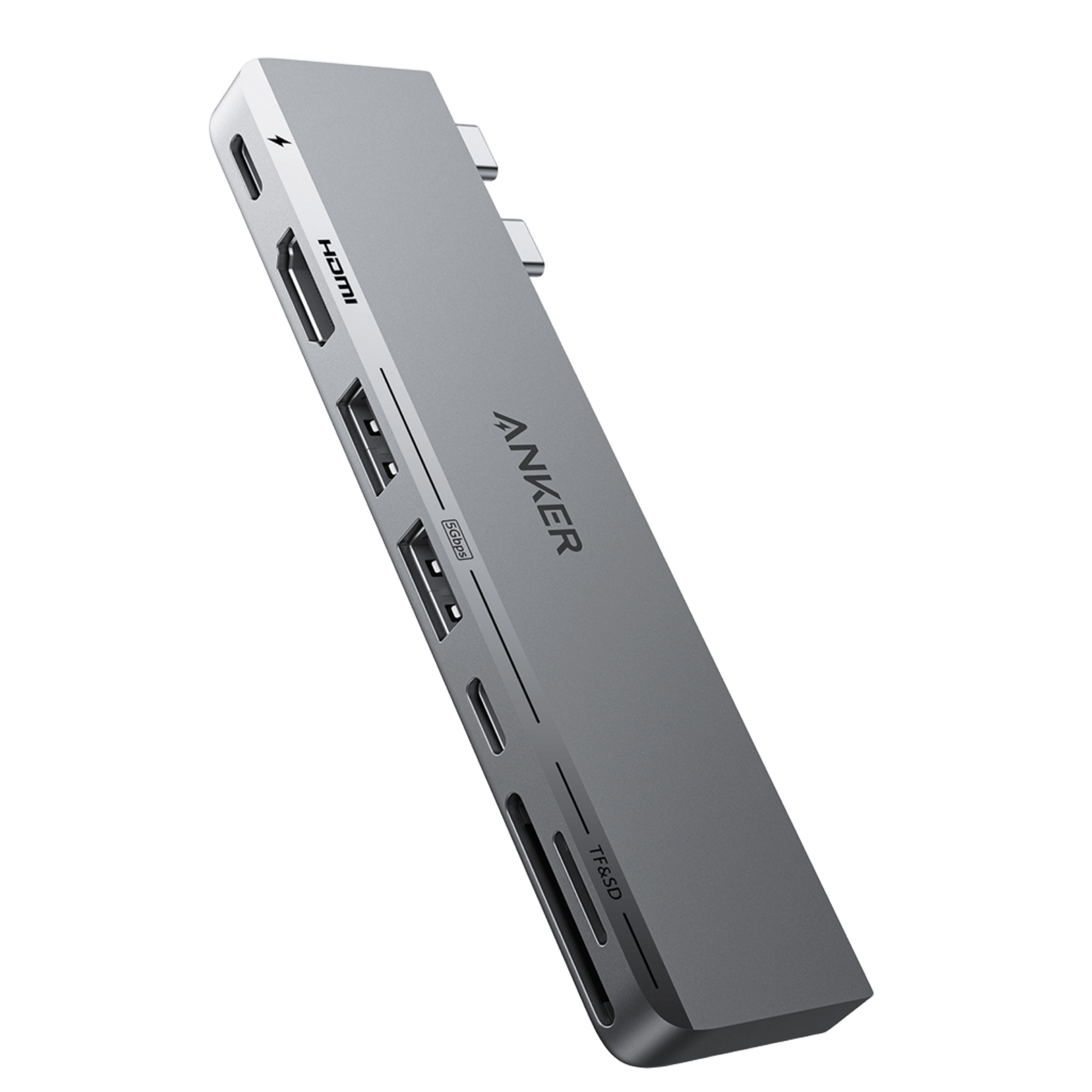 Anker 547 USB-C Hub for MacBook showing multiple ports for charging only with sleek design and compact build.