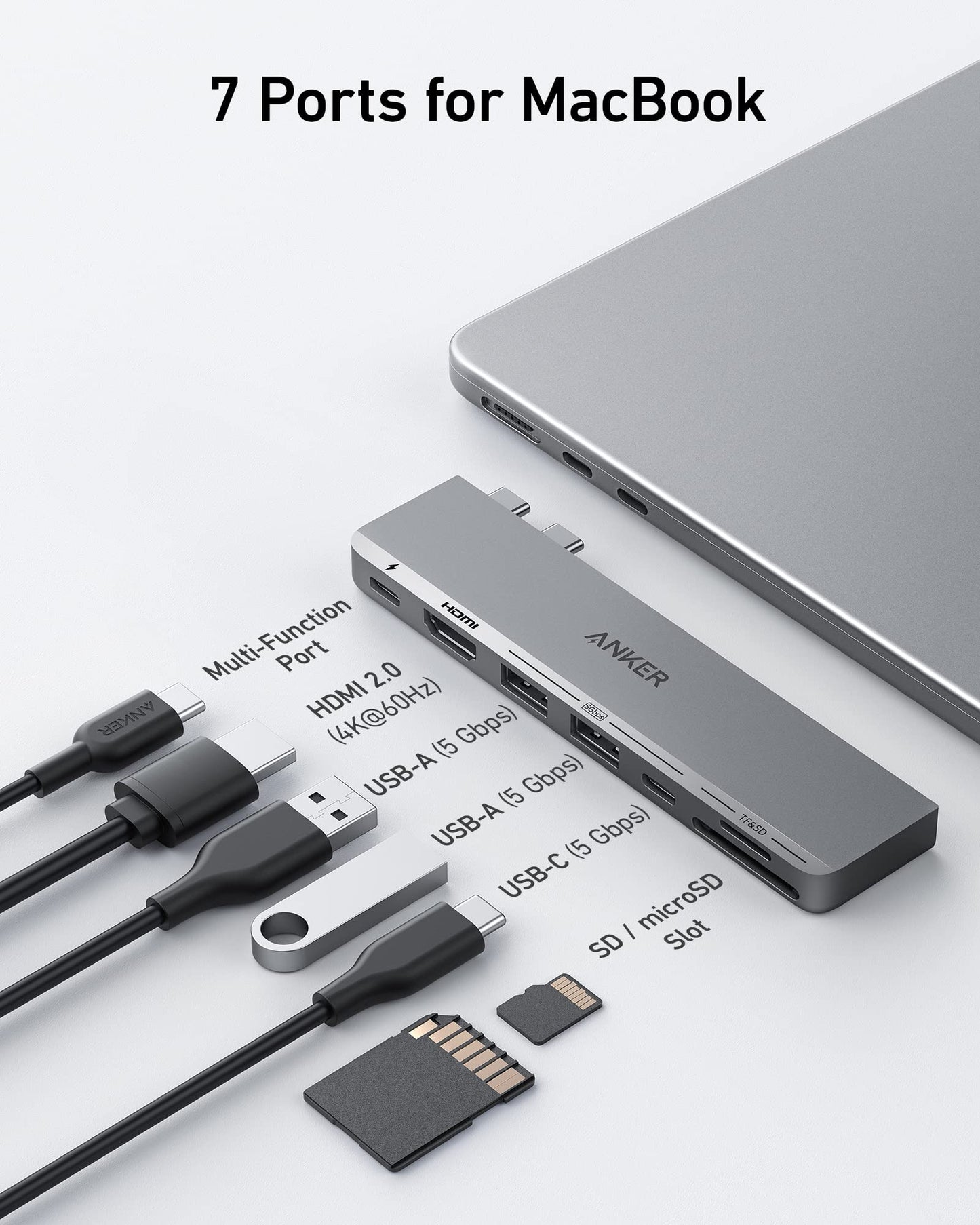 Anker 547 USB-C Hub for MacBook with multiple ports for charging only, sleek black design, and compact size.