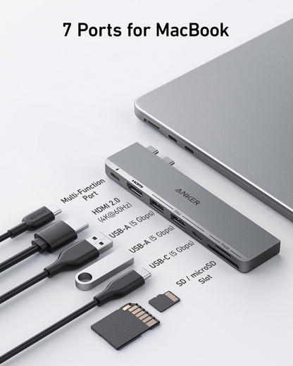 Anker 547 USB-C Hub for MacBook with multiple ports for charging only, sleek black design, and compact size.