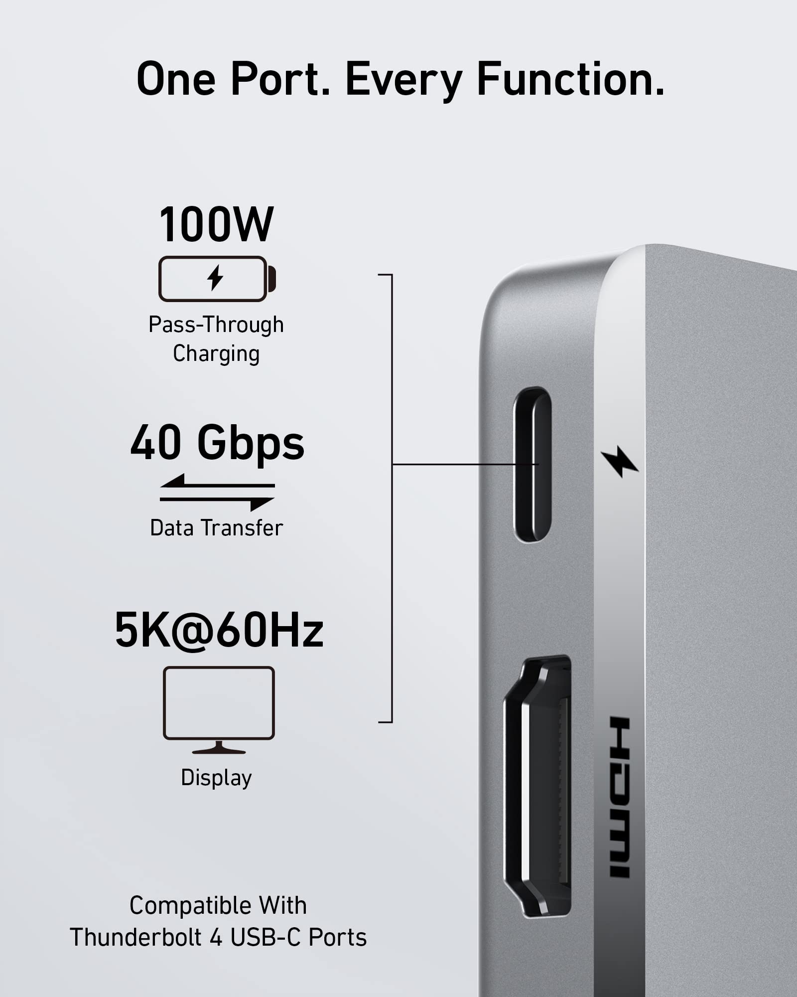 Anker 547 USB-C Hub for MacBook showing multiple ports on a sleek black hub designed for charging only.