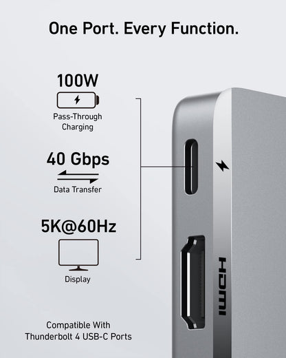Anker 547 USB-C Hub for MacBook showing multiple ports on a sleek black hub designed for charging only.