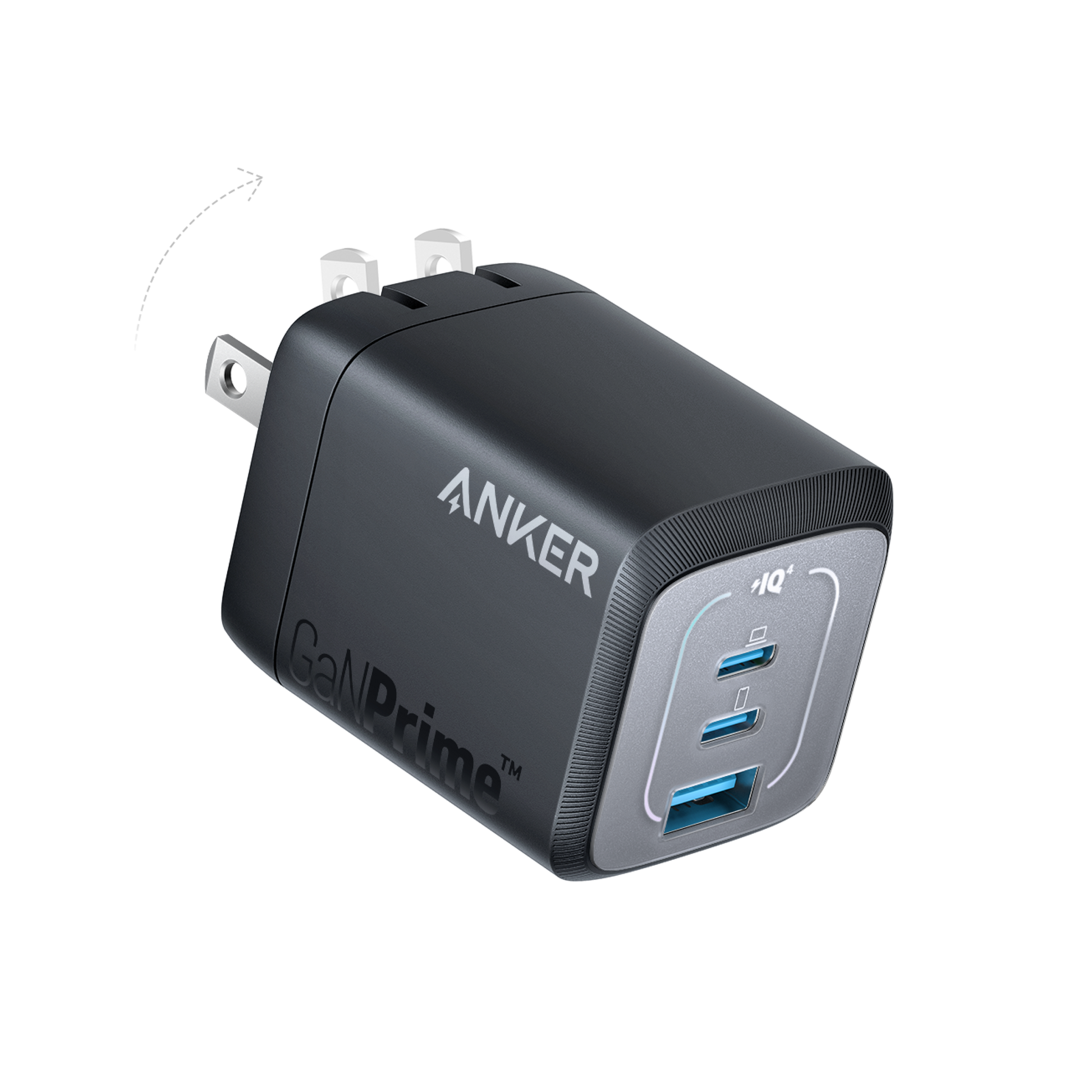 Anker Prime 67W GaN wall charger with three USB-C ports for fast and efficient device charging.