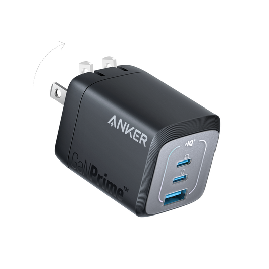 Anker Prime 67W GaN wall charger with three USB-C ports for fast charging devices.