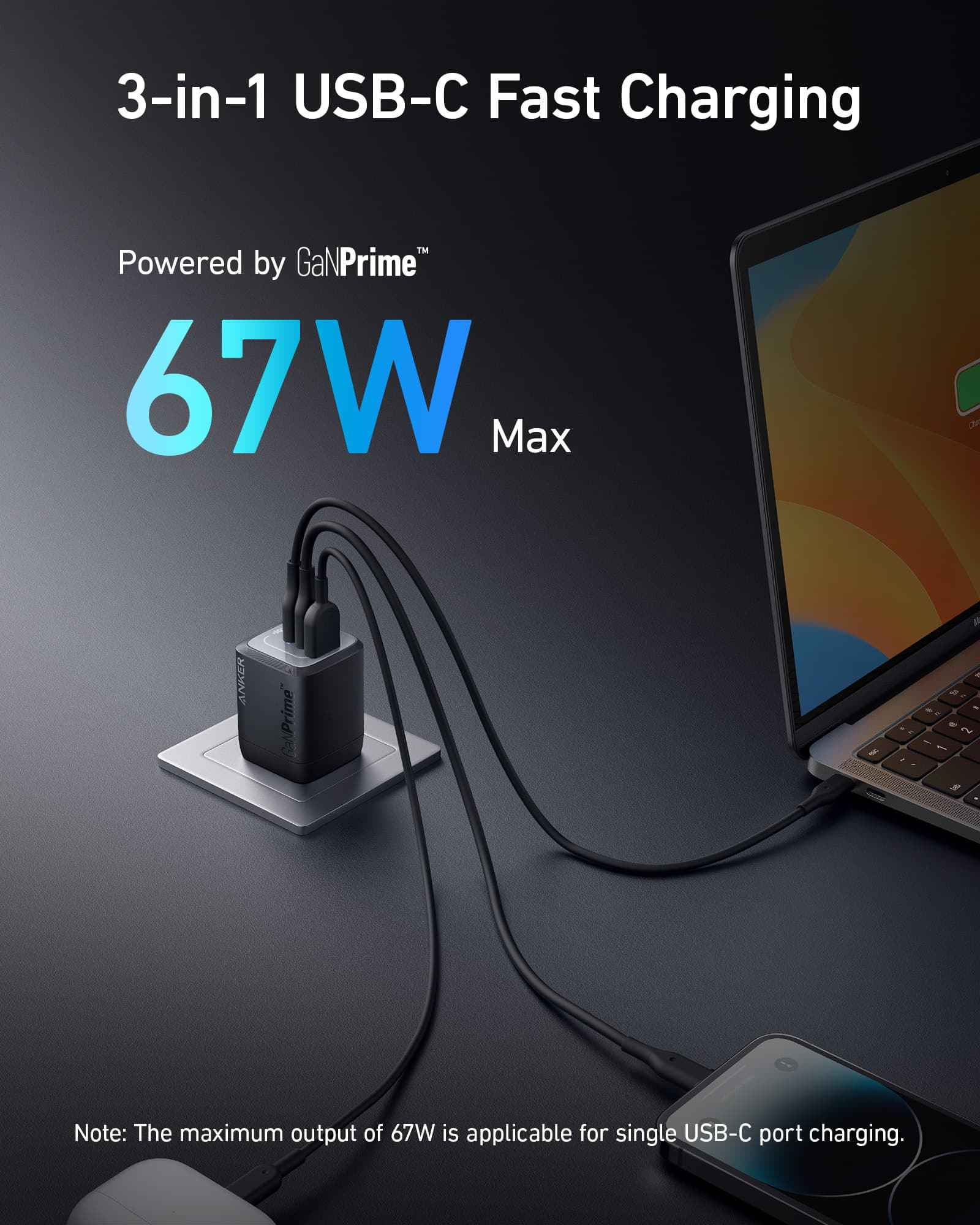 Anker Prime 67W GaN wall charger with three ports for fast and versatile charging of multiple devices.