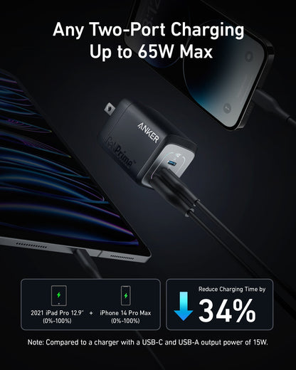 Anker Prime 67W GaN wall charger with three USB-C ports for fast device charging, compact and efficient design.