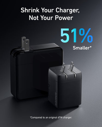 Anker Prime 67W GaN wall charger with three USB-C ports for fast, efficient device charging.
