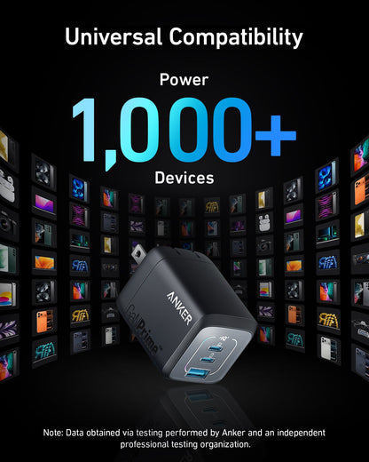 Anker Prime 67W GaN wall charger with three USB ports for fast charging of multiple devices.