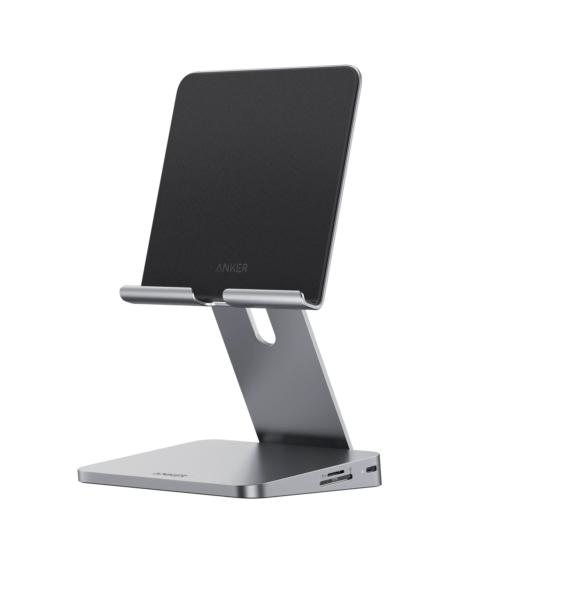 Anker 551 USB-C Hub in gray showing multiple ports and a built-in tablet stand for charging and connectivity.