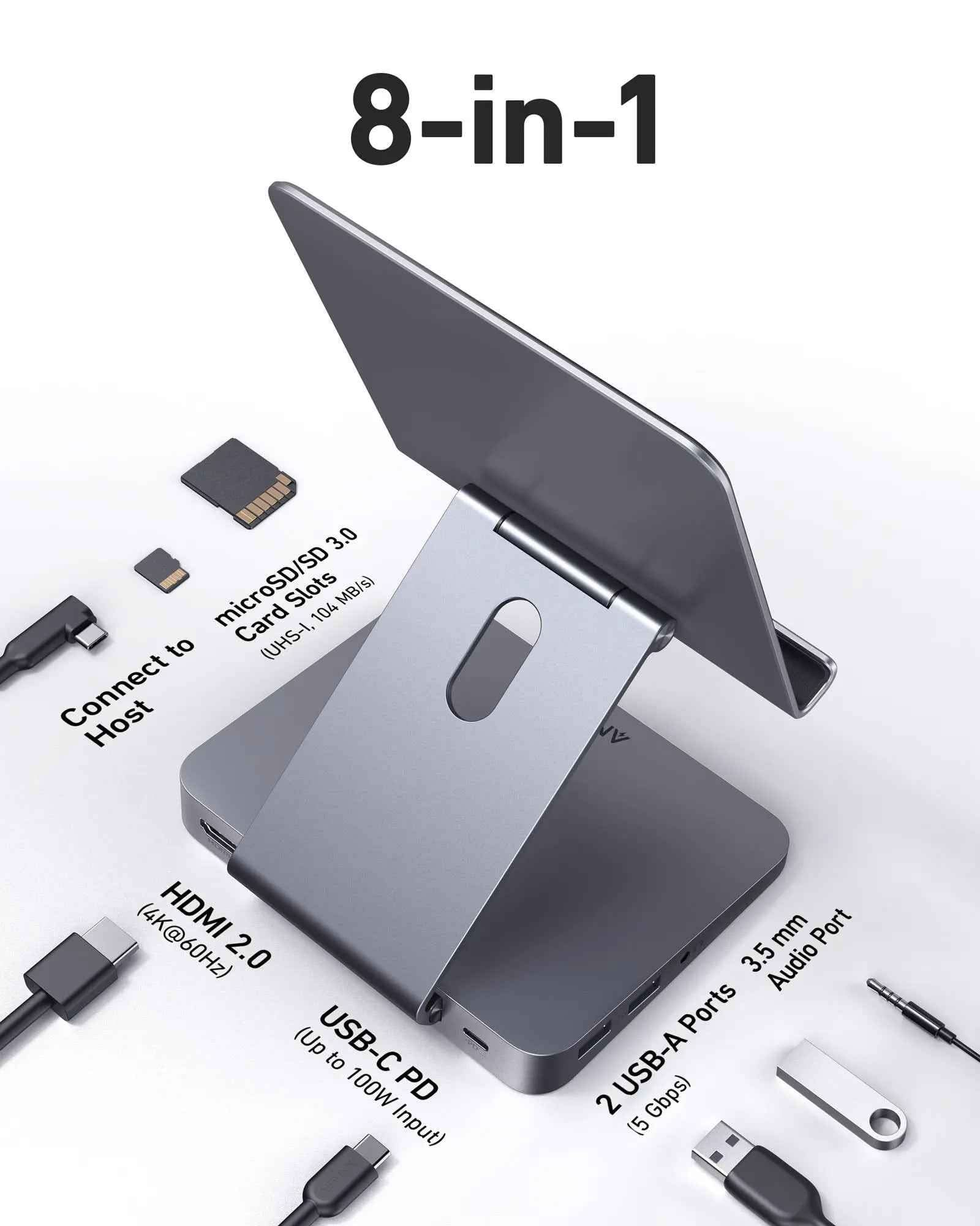 Anker 551 USB-C Hub in gray showing multiple ports and a tablet stand for charging and connectivity.