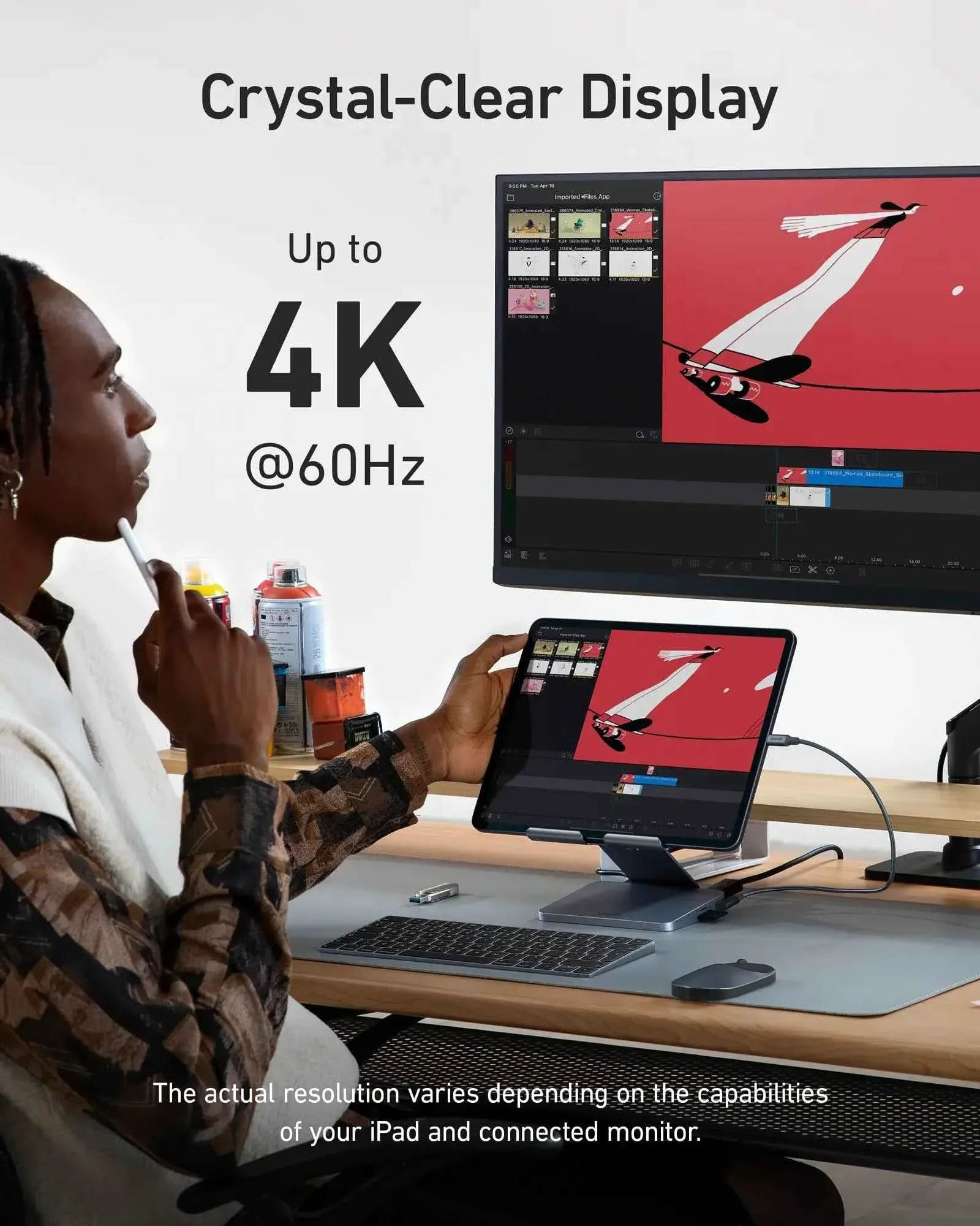 Anker 551 USB-C Hub with 8-in-1 ports and tablet stand, gray color, designed for charging and connectivity.
