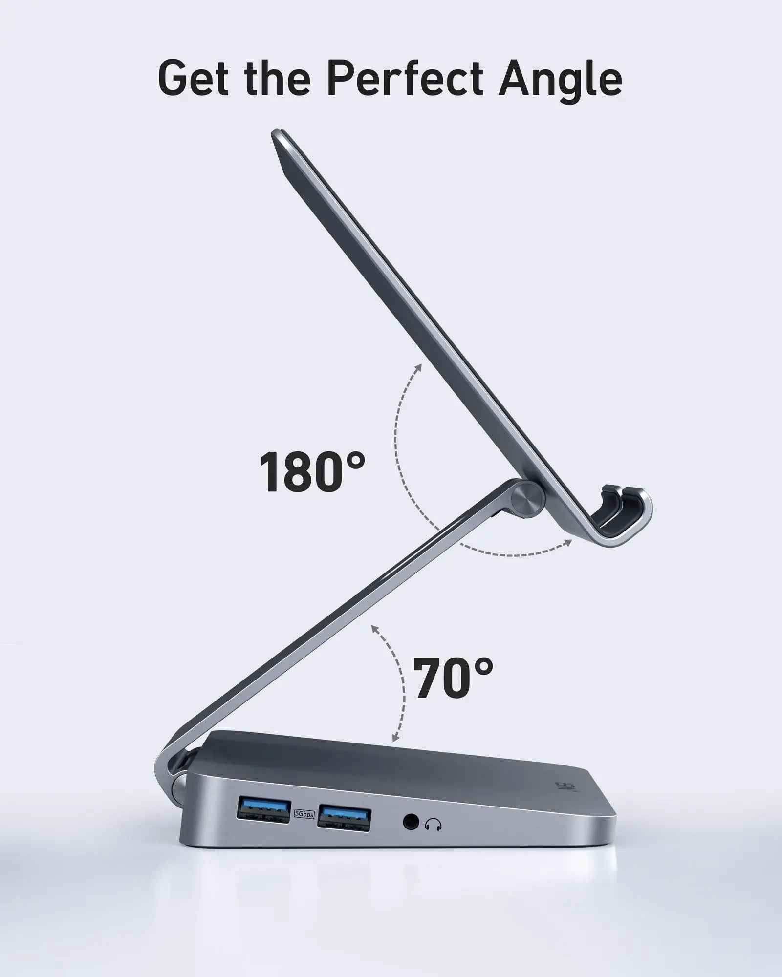 Anker 551 USB-C Hub in gray with tablet stand, showing multiple ports for charging and connectivity on a sleek device.