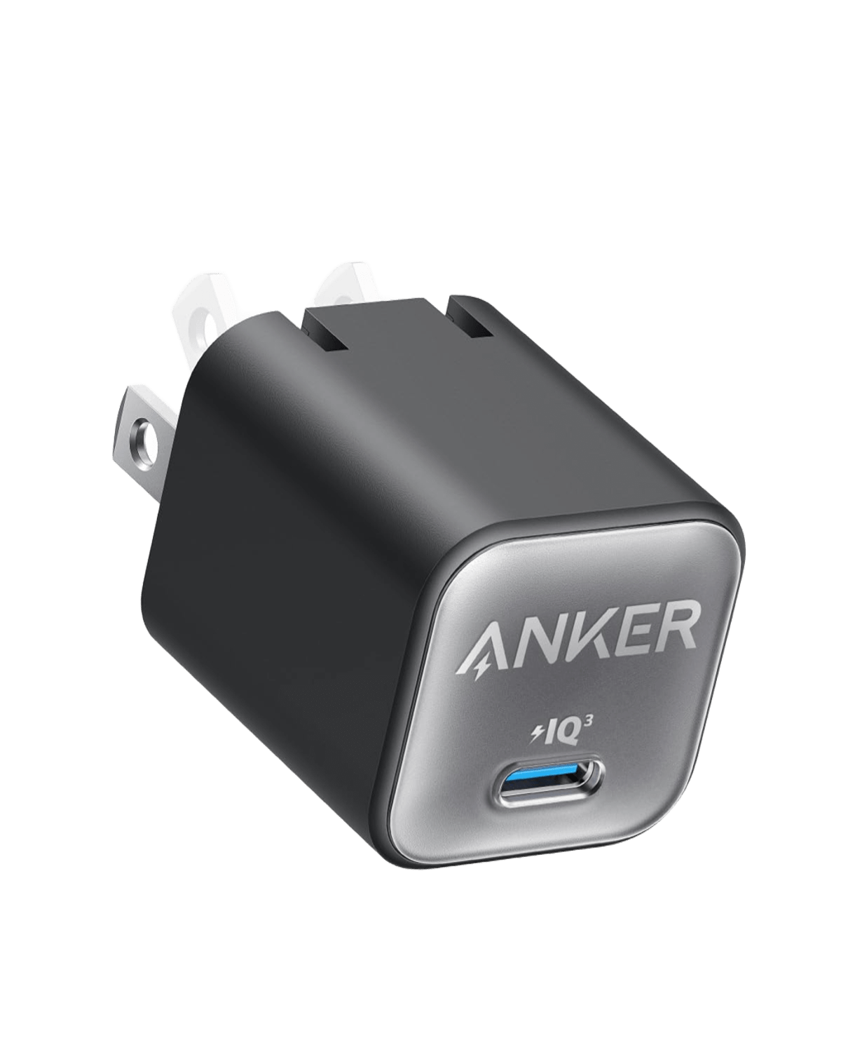 Anker Nano 30W charger in black, compact design for fast charging smartphones and devices, placed on a white surface.