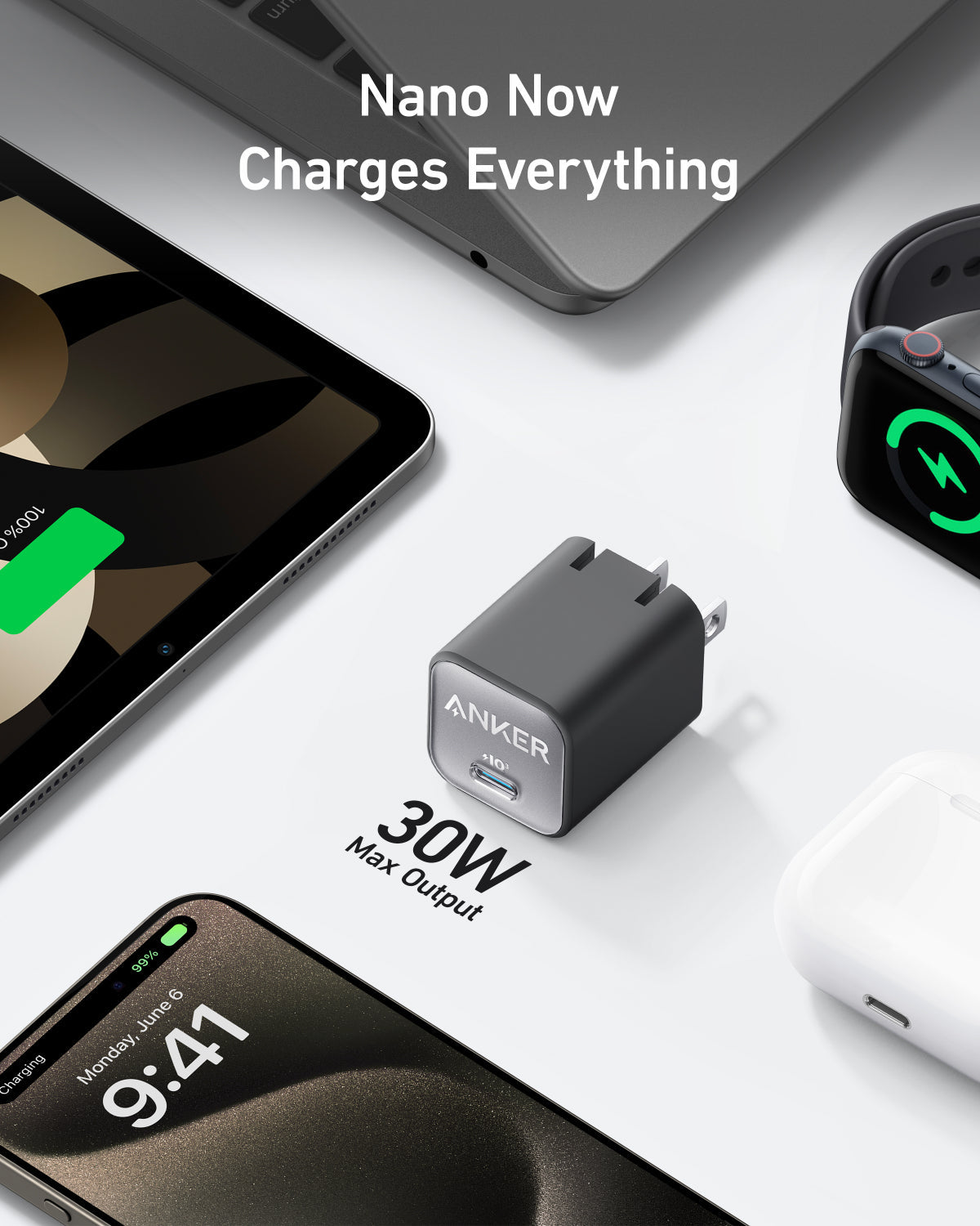 Anker Nano Charger 30W in black, compact USB-C charging adapter designed for fast device charging.