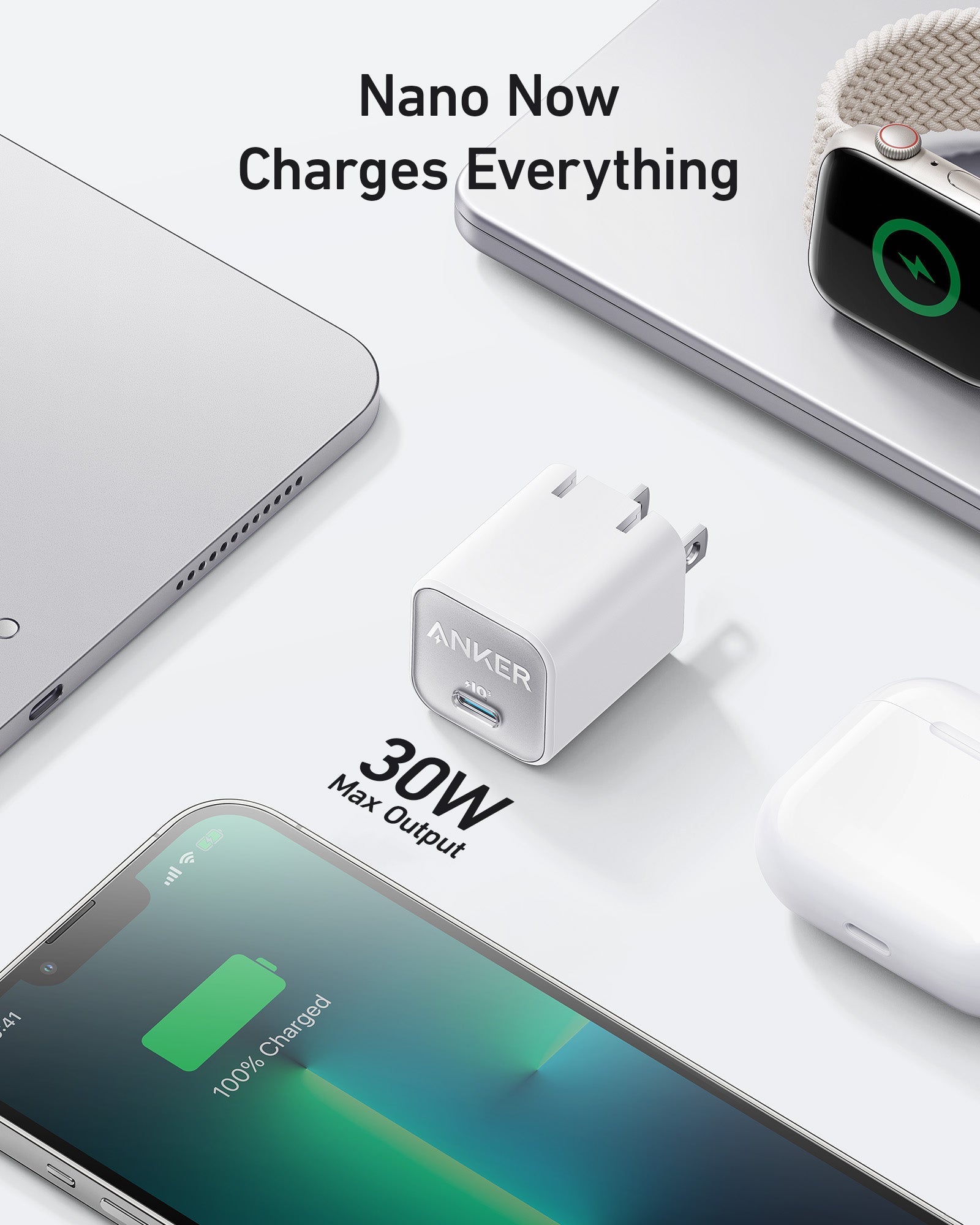 Anker Nano 30W charger in black, compact design for fast charging smartphones and devices.