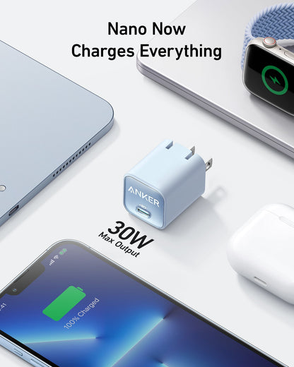 Anker Nano 30W charger in black, compact charging device with USB-C port for fast smartphone and tablet charging.