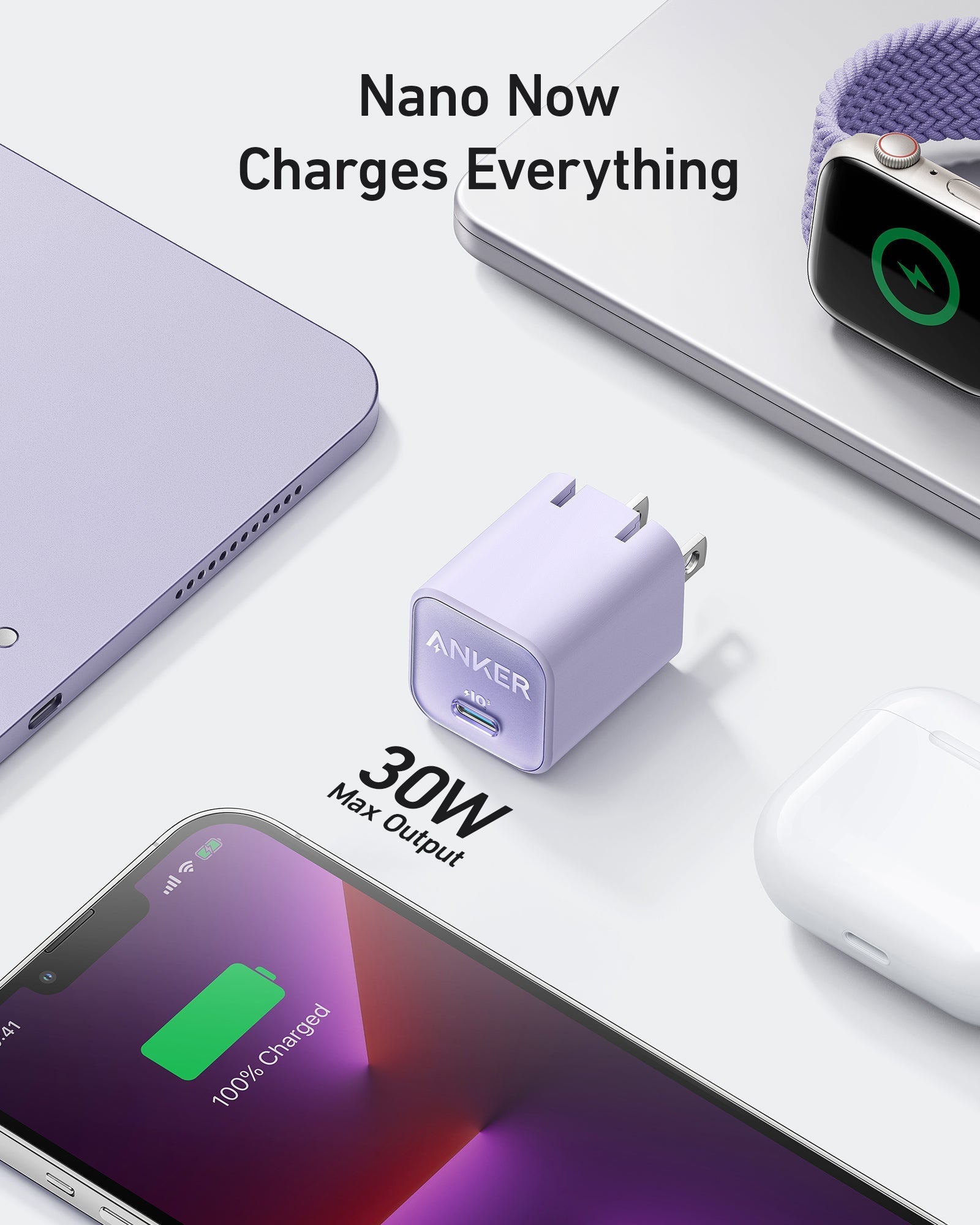 Anker Nano Charger 30W in phantom black, compact charging device with USB-C port for fast power delivery.