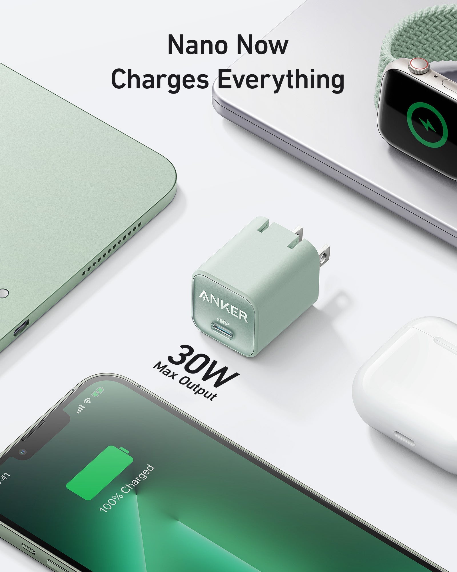 Anker Nano 30W charging-only power adapter in black with compact design and USB-C port for fast device charging.
