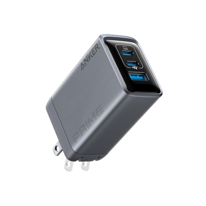 Anker Prime 100W GaN charger with three USB-C ports for fast charging multiple devices simultaneously.