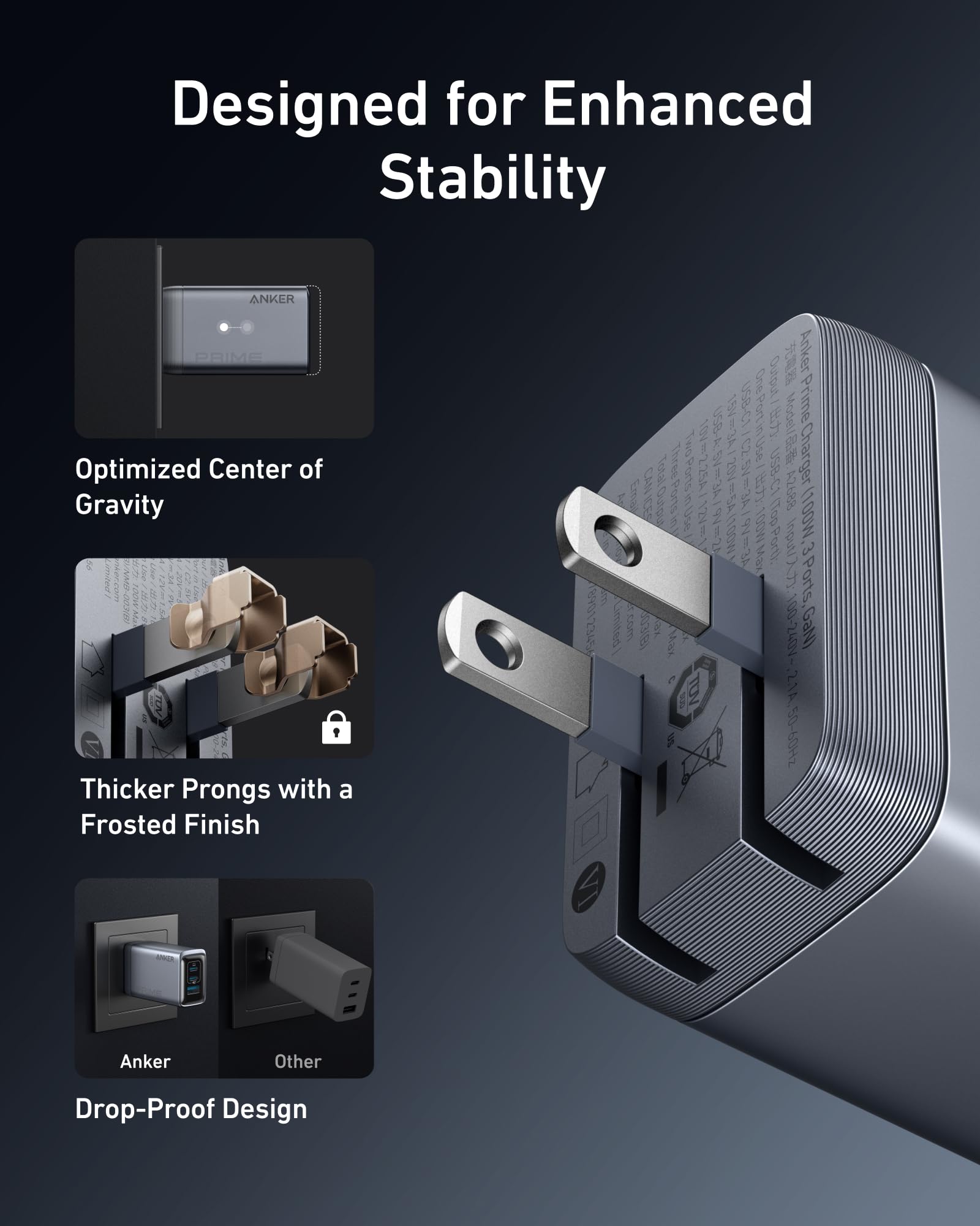 Anker Prime 100W GaN charger with three USB ports, compact design, and modern black finish for fast device charging.
