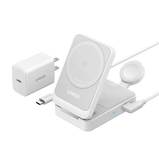 Anker MagGo wireless charging station foldable 3-in-1 with space for phone, AirPods, and Apple Watch, on a desk.