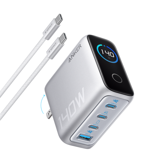 Anker 140W 4-port USB-C charger with PD 3.1 and included USB-C cable, compact design for fast device charging.