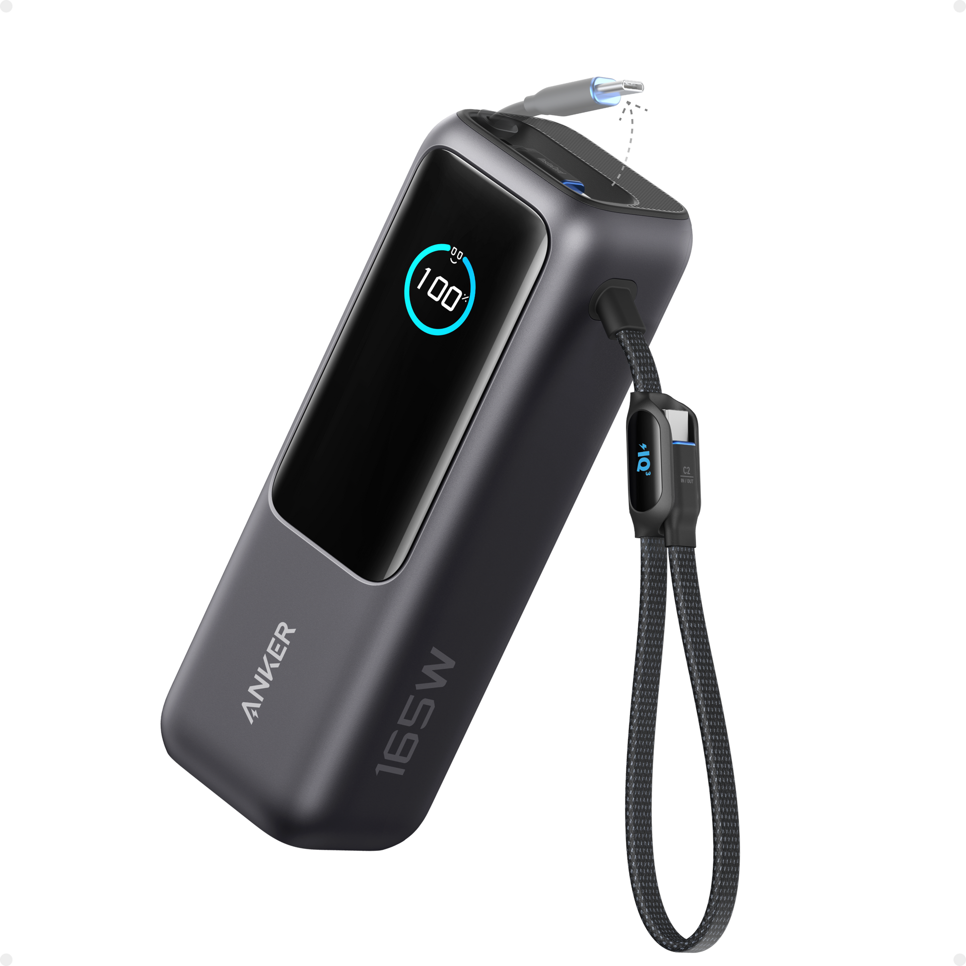 Anker 25K 165W laptop power bank in space black with built-in and retractable cables, portable and high-capacity charging device.