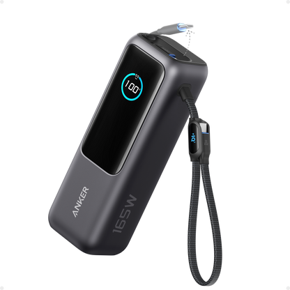 Anker 25K 165W laptop power bank in space black with built-in and retractable cables, portable and high-capacity charging device.