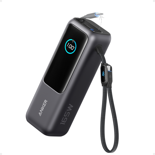 Anker 25,000mAh laptop power bank with 165W output, built-in retractable USB-C and USB-A cables for portable charging.