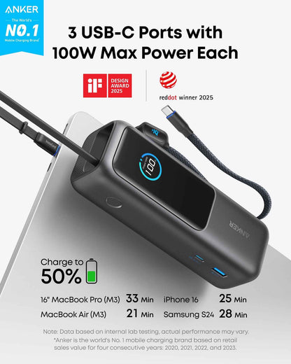 Anker 25K 165W laptop power bank in space black with built-in and retractable cables for portable charging.