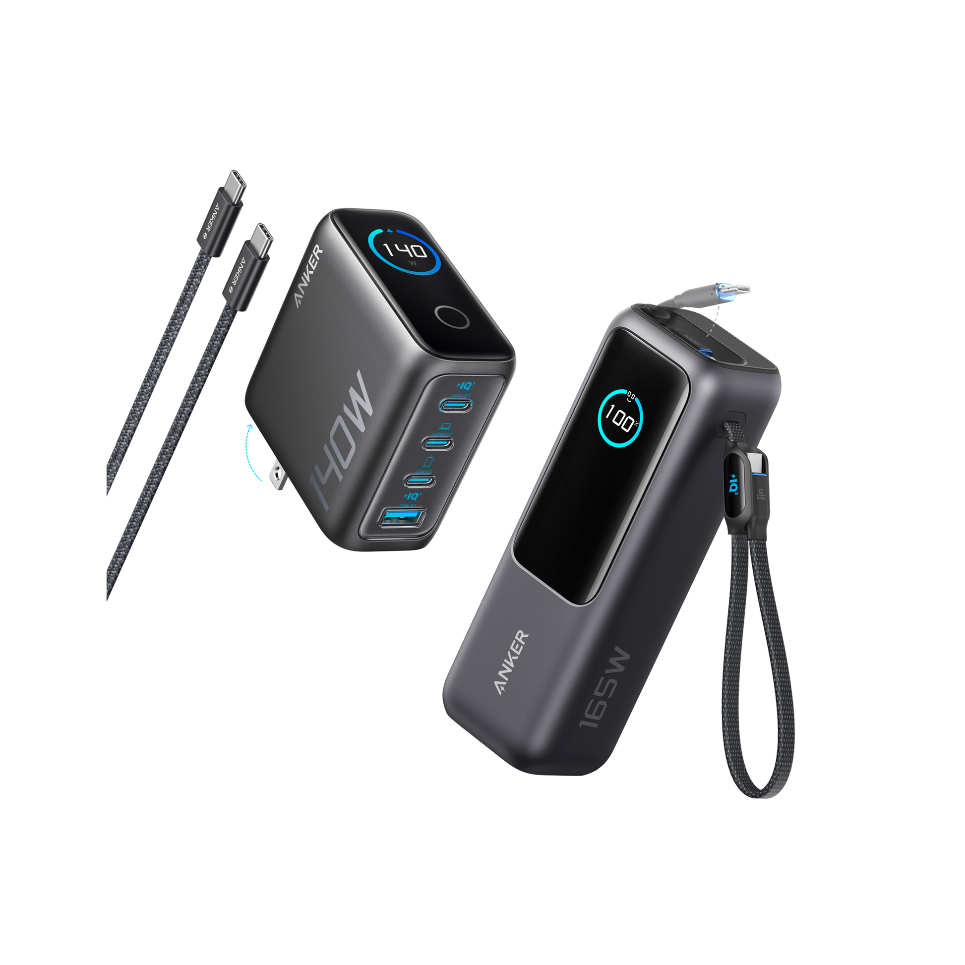 Anker 25K 165W laptop power bank in space black with built-in and retractable cables for portable charging.