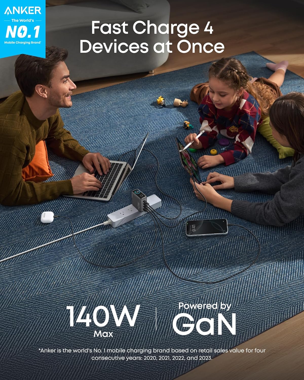 Anker 25K 165W laptop power bank with built-in and retractable cables in space black, portable and high-capacity charging device.
