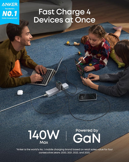 Anker 25K 165W laptop power bank with built-in and retractable cables in space black, portable and high-capacity charging device.