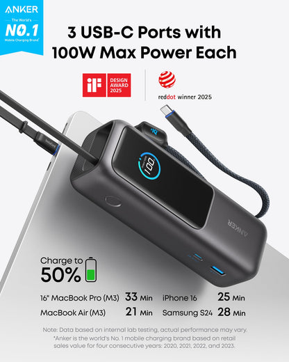 Anker 25K Laptop Power Bank in space black with built-in and retractable cables, 165W power output for charging devices.
