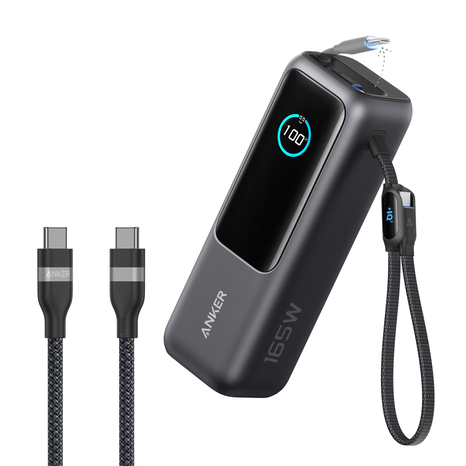 Anker 25K 165W space black laptop power bank with built-in and retractable cables for versatile charging.