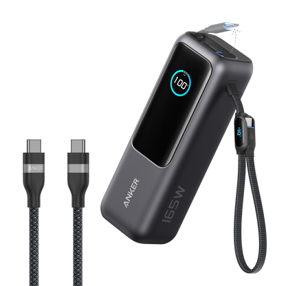 Anker 25K 165W space black laptop power bank with built-in and retractable cables for versatile charging.