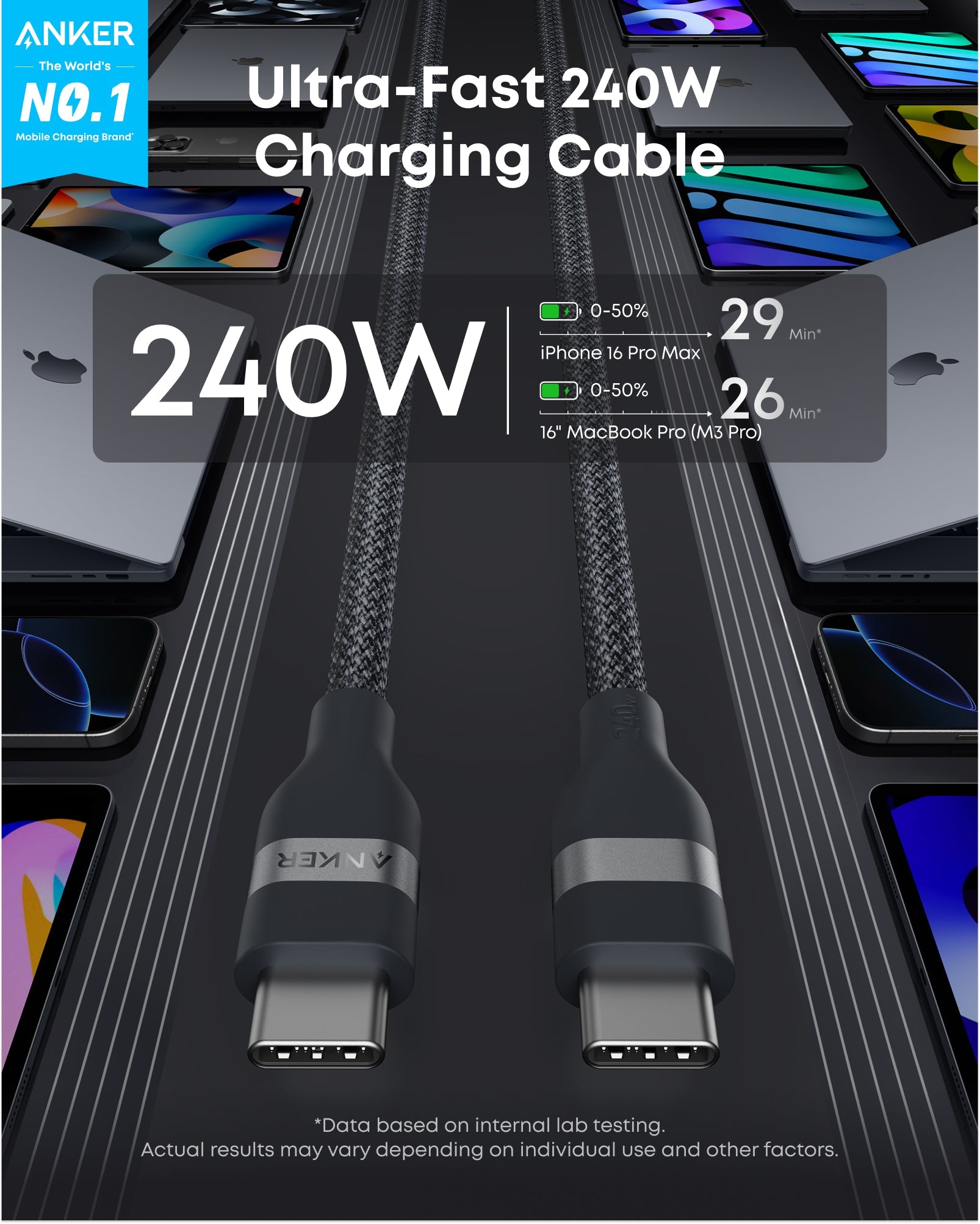 Anker 25K 165W laptop power bank in space black with built-in and retractable cables for portable device charging.