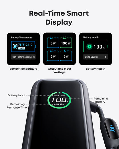 Anker 25K 165W laptop power bank with built-in retractable cables in space black, portable and high-capacity charging device.